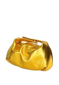 Borsa a pochette metallic oro con una texture arricciata e due manici. Caratterizzata da una chiusura a zip e una forma arrotondata. Design compatto e elegante.