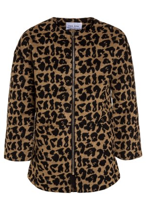 Giacca a maniche lunghe con stampa leopardata marrone e nera, chiusura frontale con cerniera e scollo rotondo, vestibilità sartoriale, stile a metà lunghezza.