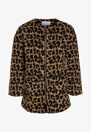 Długa kurtka w brązowo-czarny wzór w cętki lamparta, z przednim zamkiem błyskawicznym i okrągłym dekoltem, dopasowany fason, długość do połowy uda.