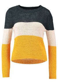 Strickpullover mit rundem Halsausschnitt, langen Ärmeln und einem Farbblockmuster in Dunkelgrün, Creme und Senfgelb. Strukturiertes Finish.