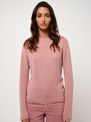 Helles rosa Sweatshirt aus weichem Material, mit langen Ärmeln, Rundhalsausschnitt und lässiger Passform, kombiniert mit passenden rosa Hosen.