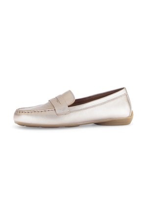 Metallic gold loafers with a round toe, stitched detailing, and a decorative front band. A smooth leather texture and rubber sole.