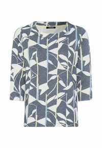 Bluse in Blau und Weiß mit 3/4-Ärmeln, die abstrakte Formen, strukturierte Stoffe und gelbe Akzente aufweist. Rundhalsausschnitt.