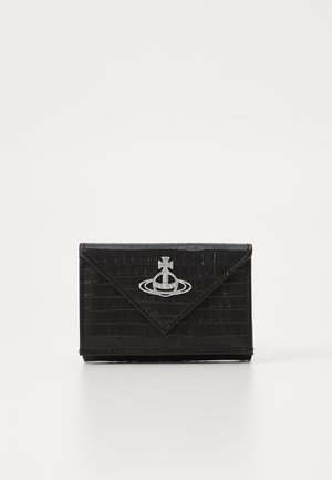 Black crocodile-patterned wallet made of textured leather, featuring a silver logo accent and an envelope-style flap closure.