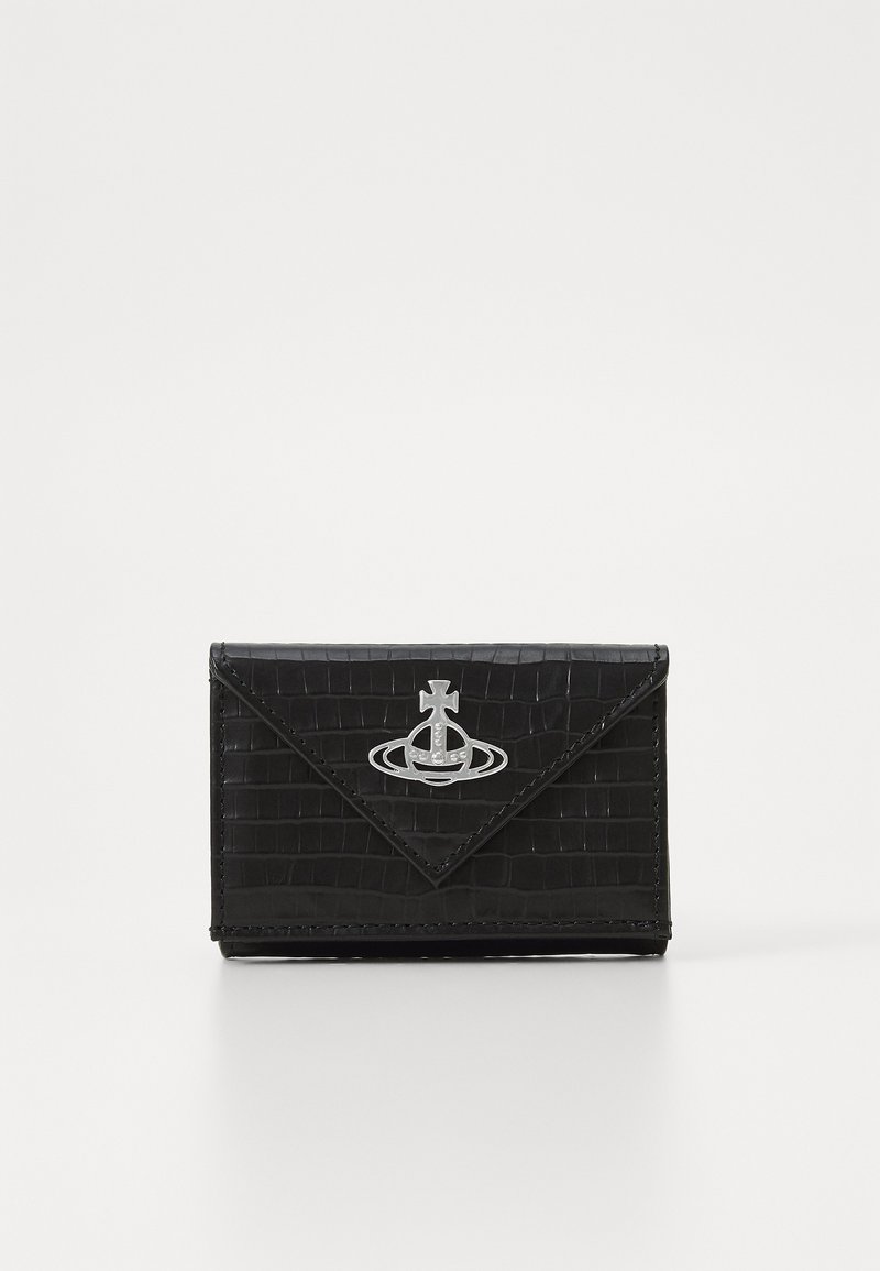 Black crocodile-patterned wallet made of textured leather, featuring a silver logo accent and an envelope-style flap closure.