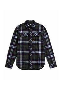 Groene en paarse geruite flanellen shirt met twee borstzakken, klassieke kraag, lange mouwen en zwarte knopen. Zachte textuur met ruitpatroon.