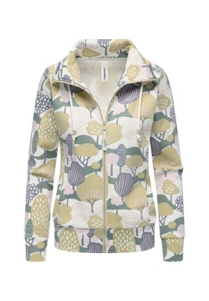 Lynlås sweatshirt med et farverigt mønster af træer og blade i bløde pastelfarver af grøn, pink og lilla på en lys baggrund.