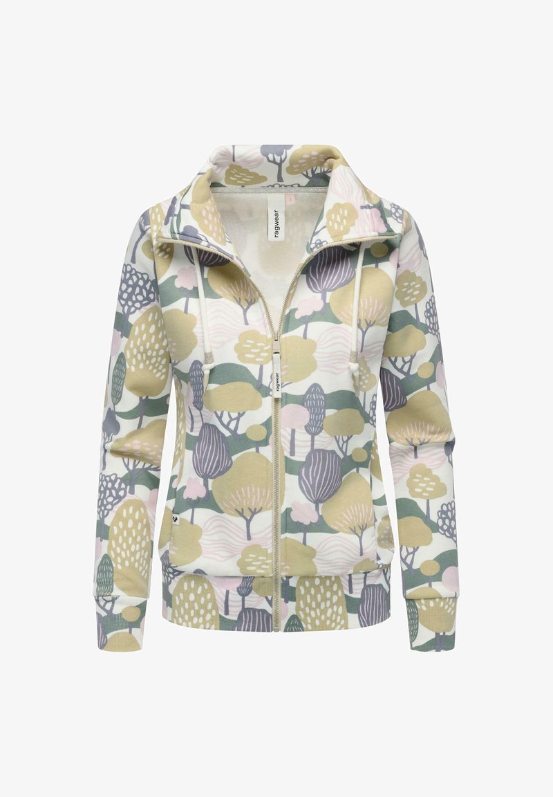 Zipper sweatvest met een kleurrijk patroon van bomen en bladeren in zachte pasteltinten van groen, roze en paars op een lichte achtergrond.
