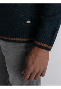 Dunkelgrüner Strickpullover mit gerippten Bündchen und braunen Streifen. Kleines Logoschild auf der Unterseite angebracht. Hand ruht auf grauen Hosen.