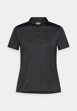 Svart pikéskjorte med korte ermer, krage og en frontklaff med fem knapper. Glatt tekstur og skreddersydd design.