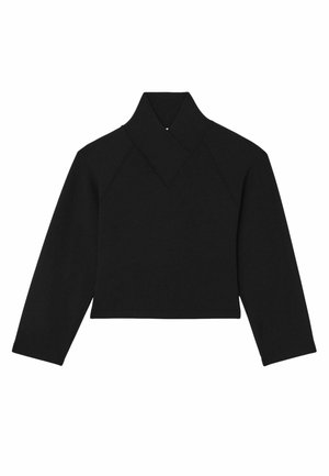 Hanorac scurt negru, realizat dintr-un material moale, având un design unic al gulerului și mâneci lungi cu o croială lejeră.