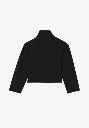 Sudadera corta negra hecha de una tela suave, con un diseño de cuello único y mangas largas de corte relajado.