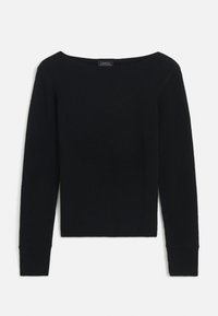 Schwarzer Strickpullover mit weiter Boot-Ausschnitt und langen Ärmeln. Weiche Textur, eng anliegende Bündchen und Saum. Minimalistisches Design ohne sichtbare Beschläge.