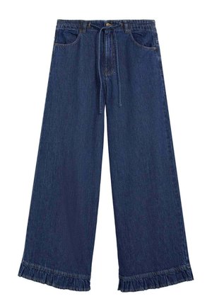 Vaqueros de pierna ancha azul oscuro con bolsillos delanteros, cierre de botón y cremallera, cintura con cordón y dobladillos fruncidos en la parte inferior.