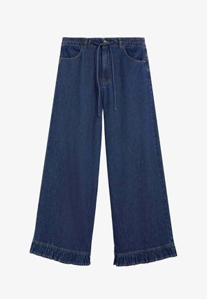 Vaqueros de pierna ancha azul oscuro con bolsillos delanteros, cierre de botón y cremallera, cintura con cordón y dobladillos fruncidos en la parte inferior.