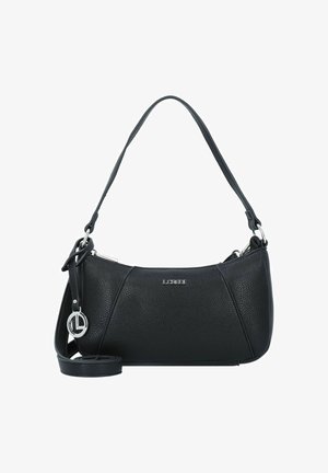 Schwarze Lederhandtasche mit strukturiertem Finish, geschwungener Form, verstellbarem Schulterriemen und Logo-Akzent in Silber-Optik. Mit Reißverschluss oben zu schließen.
