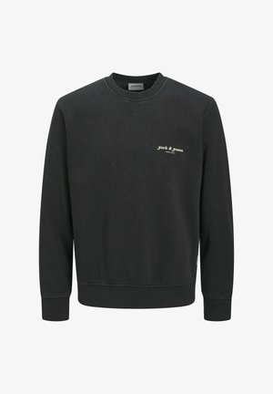 Black crewneck sweatshirt made of cotton, featuring a relaxed fit, ribbed cuffs, and a small white logo on the left chest.