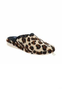Zapatillas de piel con estampado de leopardo, con puntera redondeada, ribetes negros y un pequeño lazo en la parte superior. Textura suave y suela plana.