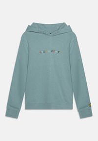 Felpa con cappuccio color turchese chiaro, con polsini a coste, dotata di una scritta ricamata multicolore "LYLE & SCOTT" sul petto e logo sulla manica.