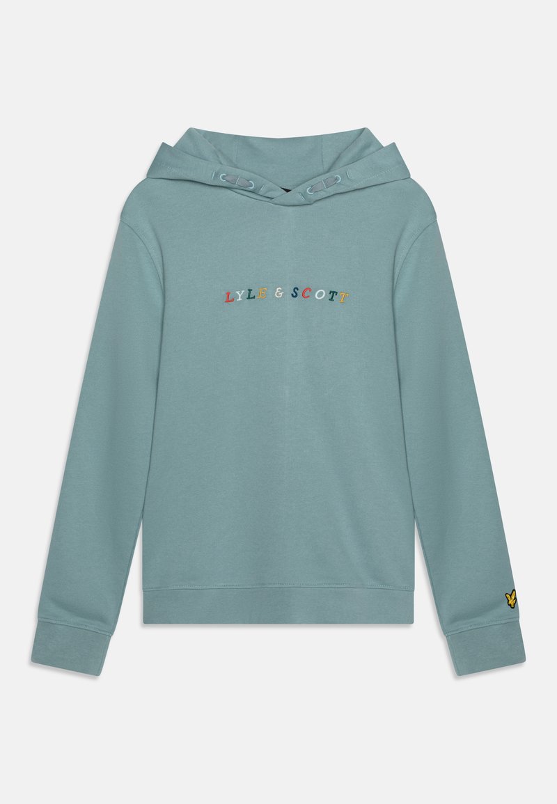 Felpa con cappuccio color turchese chiaro, con polsini a coste, dotata di una scritta ricamata multicolore "LYLE & SCOTT" sul petto e logo sulla manica.