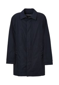 Navy windbreaker jacket featuring a collar, long sleeves, front button closure, and side pockets with a smooth, lightweight texture.