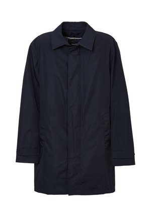 Marineblaue Windbreaker-Jacke mit Kragen, langen Ärmeln, vorderem Knopfverschluss und seitlichen Taschen aus einem glatten, leichten Material.
