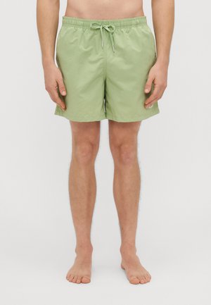 Light green swim shorts made of lightweight fabric. Features an elastic waistband with drawstring, side pockets, and a simple design.