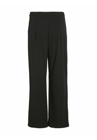 Pantalons larges noirs en tissu lisse, avec un devant plissé et une taille haute. Le design est minimaliste avec une coupe droite.