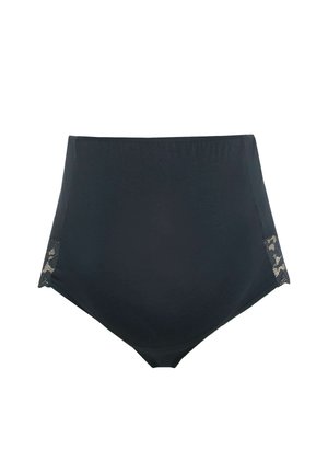 Černé kalhotky s vysokým pasem a krajkovými panely po stranách, hladká látka a jednoduchý, bezešvý design.