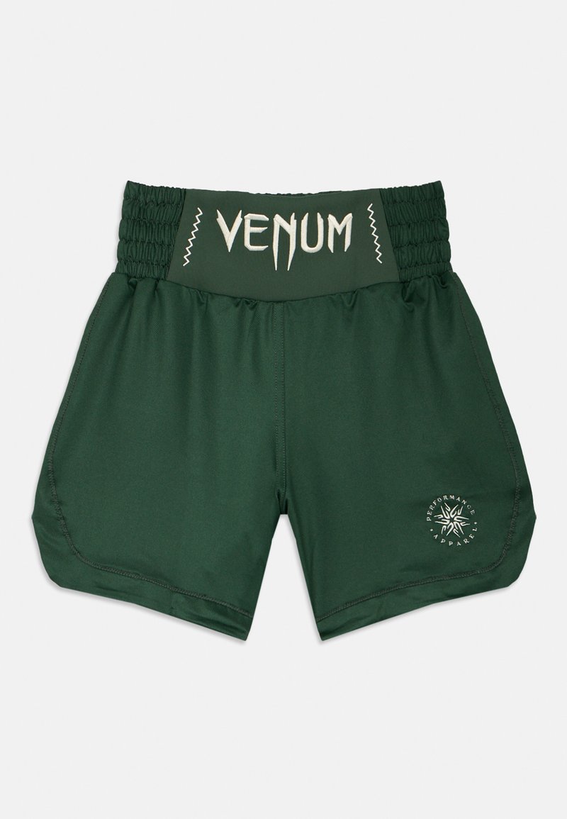 Πράσινα αθλητικά σόρτς με φαρδύ ελαστικό κορδόνι μέσης με λογότυπο "VENUM", απαλό ύφασμα, λεπτή κοπή και κυκλικό λογότυπο στο κάτω μέρος του ποδιού.