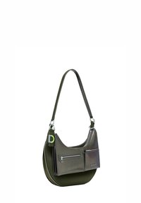 Grüne Leder-Schultertasche mit metallischem Finish, zwei Reißverschlussfächer, einer geschwungenen Form und einem abnehmbaren Schulterriemen mit silbernen Beschlägen.