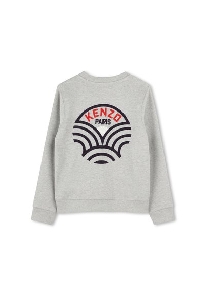 Sweat-shirt gris avec col rond et manches longues. Présente un graphisme multicolore au dos affichant "KENZO" et des motifs de vagues.