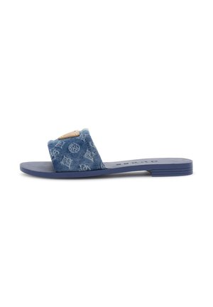 Marineblaue Slide-Sandale mit flacher Sohle und breitem Stoffriemen mit tonalem Monogramm und kleinem beigen Lederpatch.