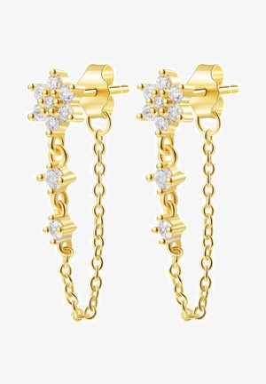 Złote kolczyki z designem w postaci ogniwa łańcucha, ozdobione przezroczystymi kryształami, prezentujące górę w formie kwiatowego bukietu z okrągłymi detalami w postaci koralików.