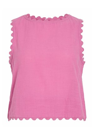 Crop top rose sans manches avec des bords festonnés le long de l'encolure, des emmanchures et de l'ourlet, fabriqué en tissu léger texturé.