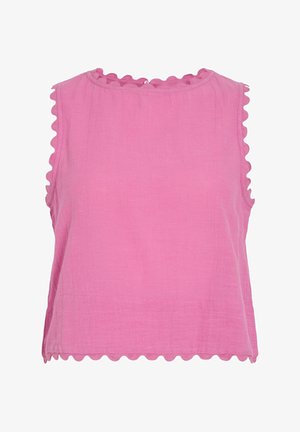 Top corto rosa sin mangas con bordes ondulados a lo largo del escote, las sisas y el dobladillo, hecho de tela ligera y texturizada.