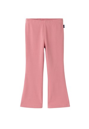Roze uitlopende kinderbroek met elastische tailleband en een klein zijlabel tegen een witte achtergrond.