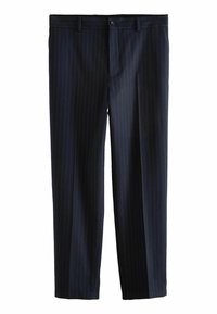 Navy blue trousers with vertical white stripes, crafted from a smooth fabric, featuring a button closure and standard waist. Straight-leg design.