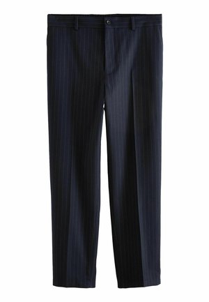 Navy blue trousers with vertical white stripes, crafted from a smooth fabric, featuring a button closure and standard waist. Straight-leg design.
