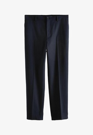 Pantaloni blu navy con strisce bianche verticali, realizzati in un tessuto liscio, presentano una chiusura con bottone e vita standard. Design a gamba dritta.
