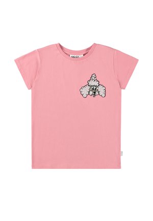 T-shirt rose à manches courtes avec un petit motif brodé d'un caniche blanc sur la partie gauche de la poitrine.