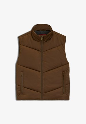 Gilet imbottito marrone con colletto alto, chiusura con zip e due tasche laterali con zip. Presenta un design a rombi per dare texture.