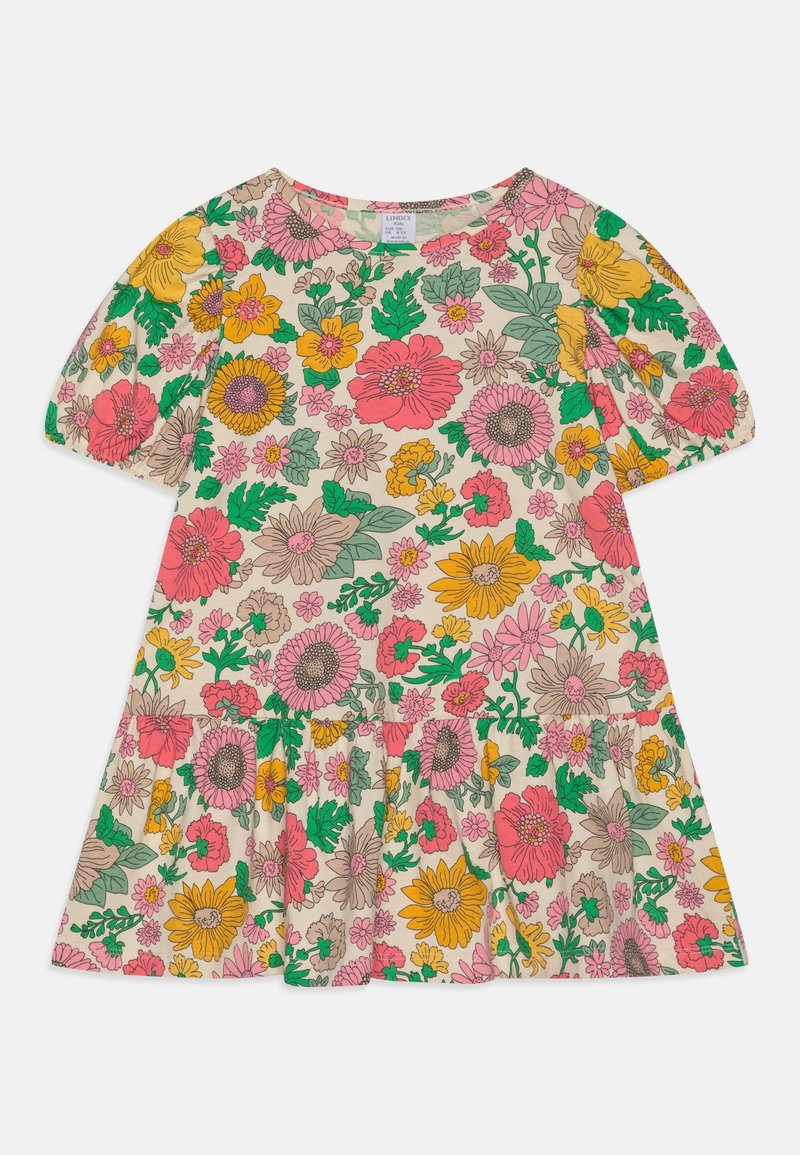 Robe à manches courtes pour tout-petit avec taille froncée, présentant un motif floral coloré en rose, jaune, vert et beige sur fond clair.