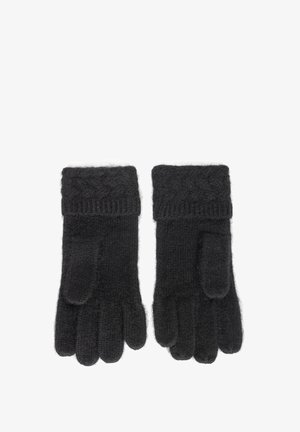 Czarne dzianinowe rękawiczki wykonane z miękkiego, puszystego materiału, z mankietem w splot warkoczowy i pojedynczymi palcami. Teksturowana powierzchnia o delikatnym połysku.