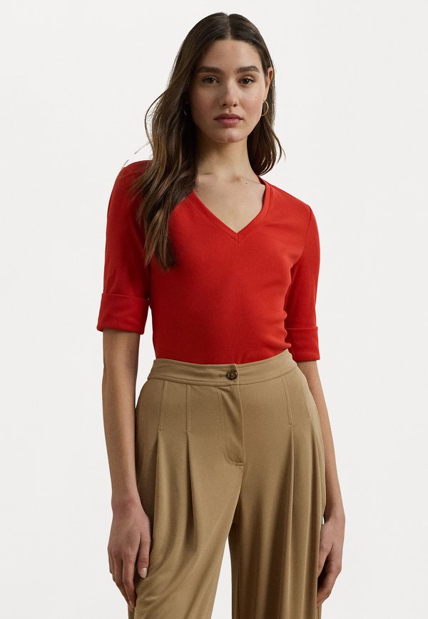 STRETCH COTTON ELBOW SLEEVE V NECK TEE - Basic T-shirt - bright vermilion