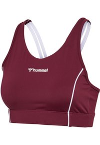 Bordowy stanik sportowy wykonany z gładkiego materiału, z podwójnymi białymi ramiączkami i dopasowanym krojem, z logo umieszczonym z przodu.