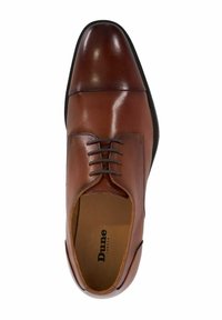 Brown leather dress shoe with a rounded toe, lace-up design, subtle stitching, and a smooth texture. Logo visible on the interior.