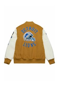 Detroit Lions Collegejacke mit braunem Körper und weißen Ärmeln, mit besticktem Logo und Text. Weiches Material mit gerippten Bündchen.