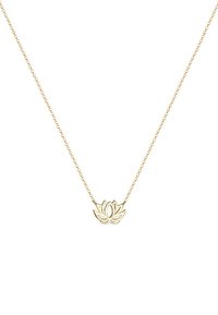 Goldene Halskette mit einem Lotusblüten-Anhänger. Die Kette ist filigran und verbunden, mit einem polierten Finish auf dem detaillierten Design des Anhängers.