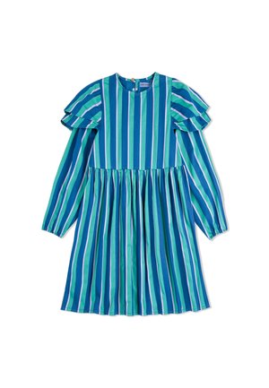 Robe rayée bleue et verte avec des manches évasées, un col rond et une jupe froncée. Tissu en coton avec des motifs verticaux vibrants.